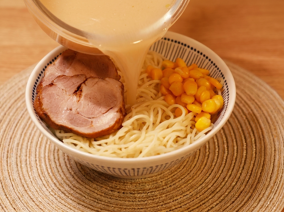 Tazón de ramen con caldo de miso, fideos, cerdo, maíz y brotes de soja.