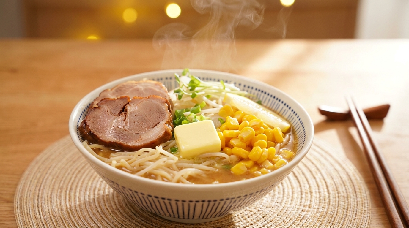 Un humeante tazón de ramen de miso con mantequilla y maíz, con chashu tierno, maíz dulce y mantequilla fundiéndose.