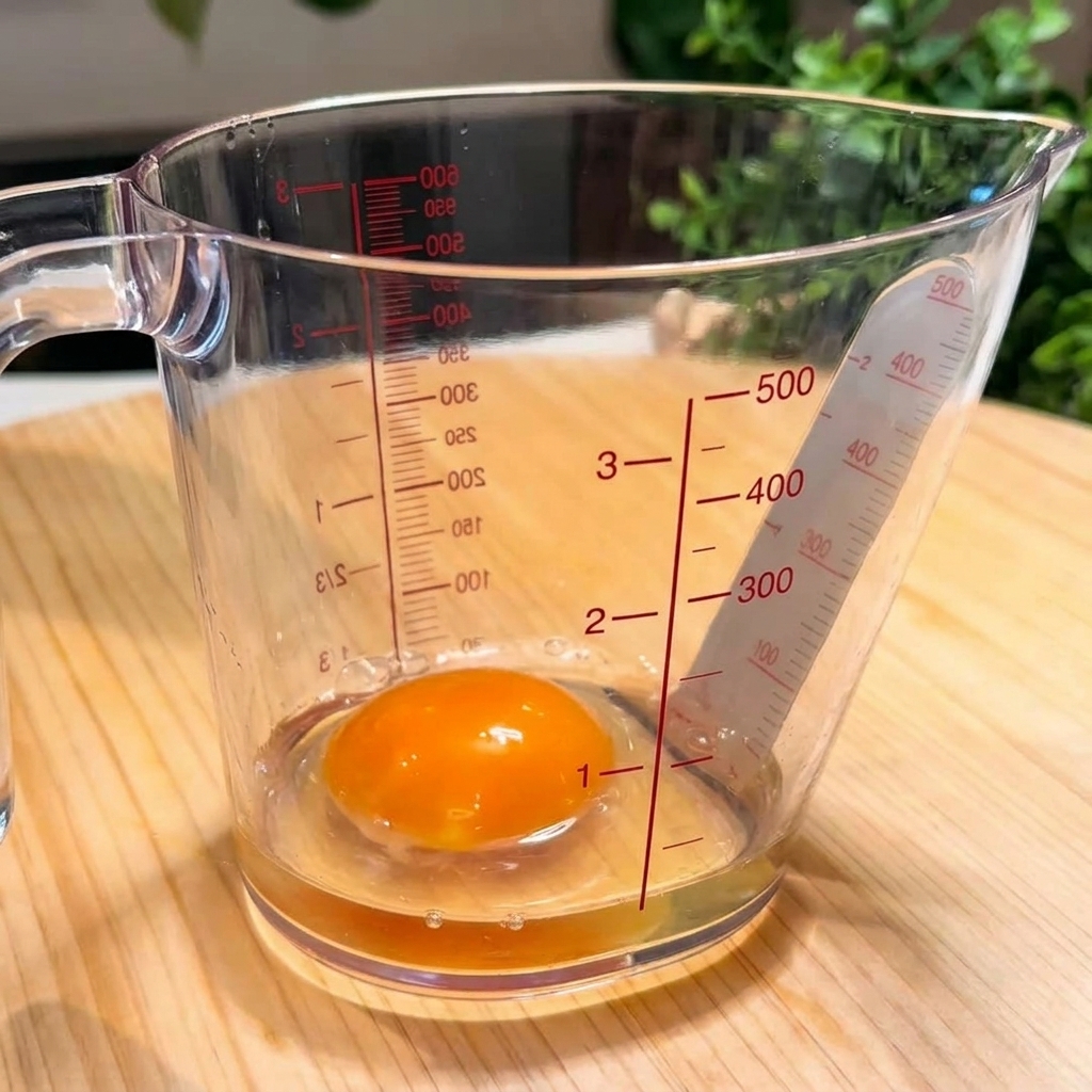 Dos huevos siendo batidos con palillos dentro de una jarra medidora transparente.
