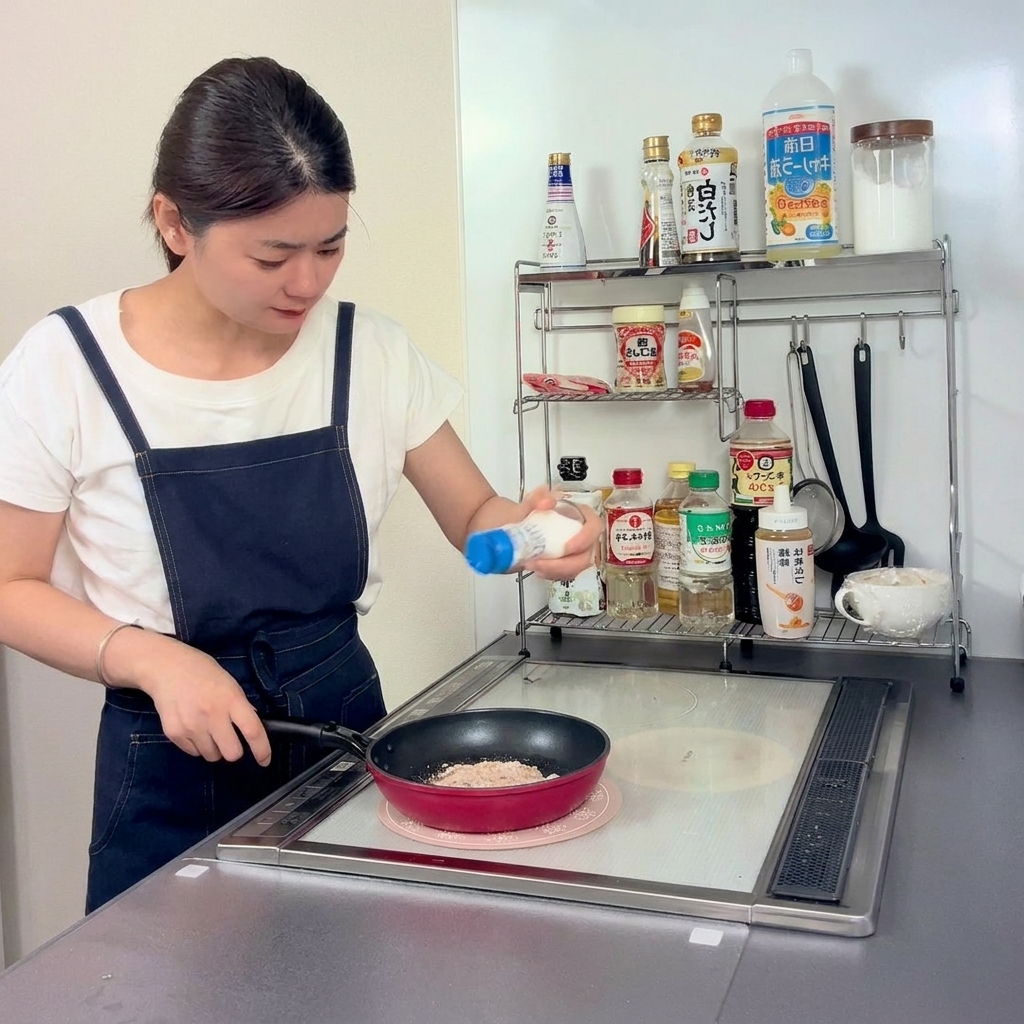 Mano espolvoreando sal sobre una pieza de pollo mientras se fríe en la sartén.