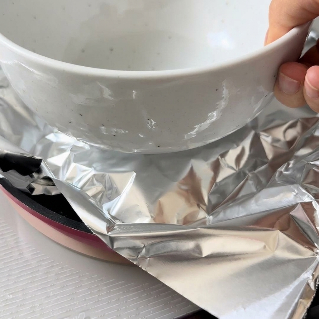 Pieza de pollo en una sartén, cubierta con papel aluminio y presionada por un cuenco pesado.