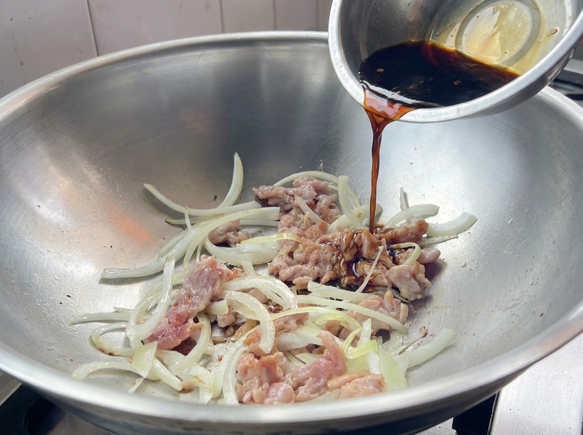 Salsa vertiéndose sobre el cerdo y la cebolla en el wok.
