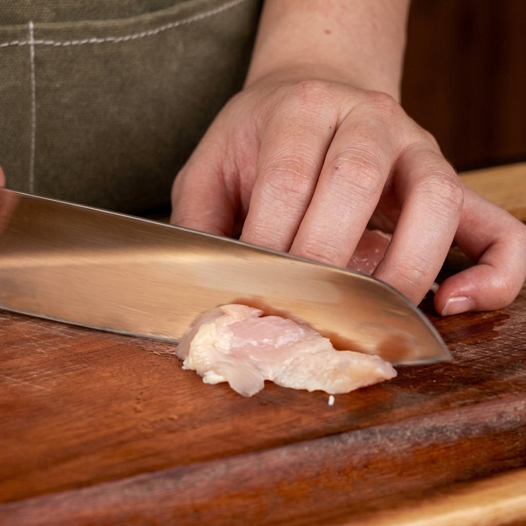 Un primer plano de un cuchillo afilado cortando un muslo de pollo deshuesado en trozos uniformes del tamaño de un bocado sobre una tabla de cortar de madera.