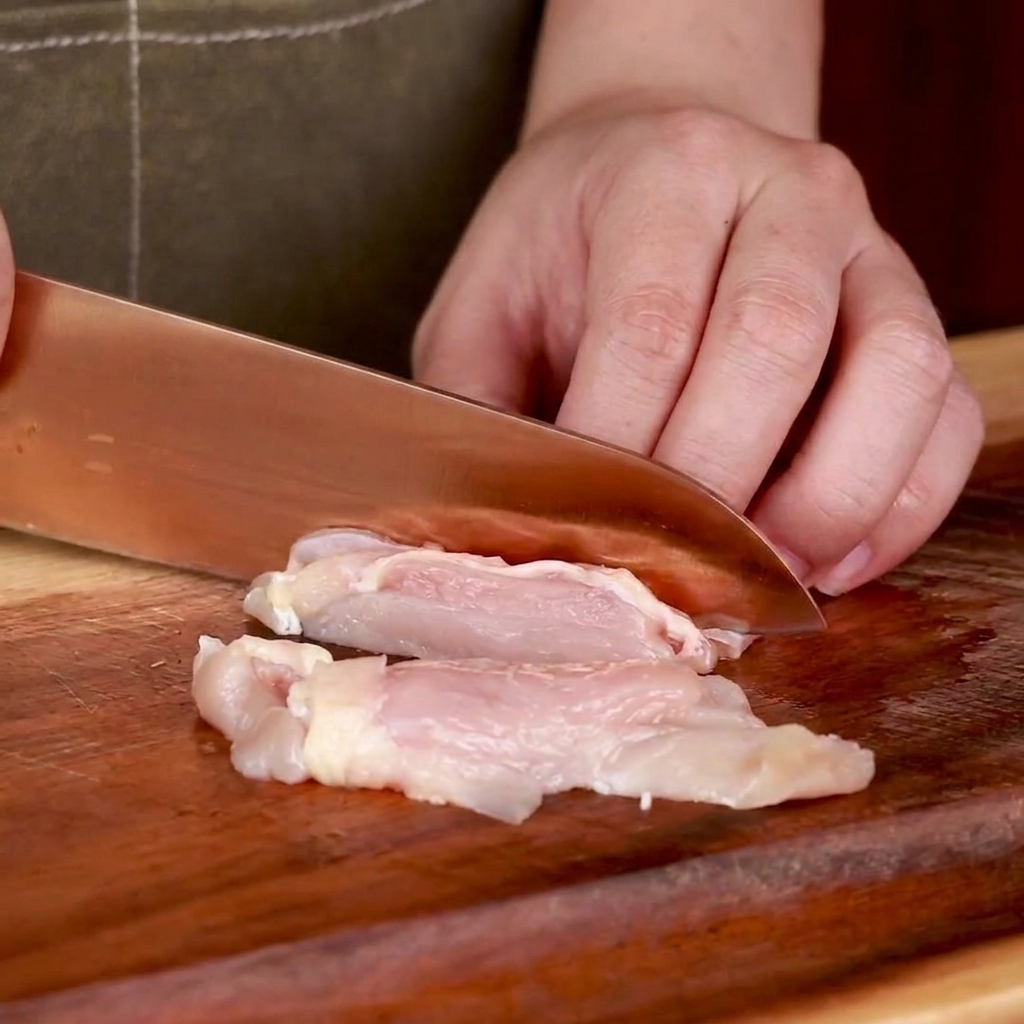 Salsa de soja vertiéndose sobre trozos de pollo crudo en un bol blanco.