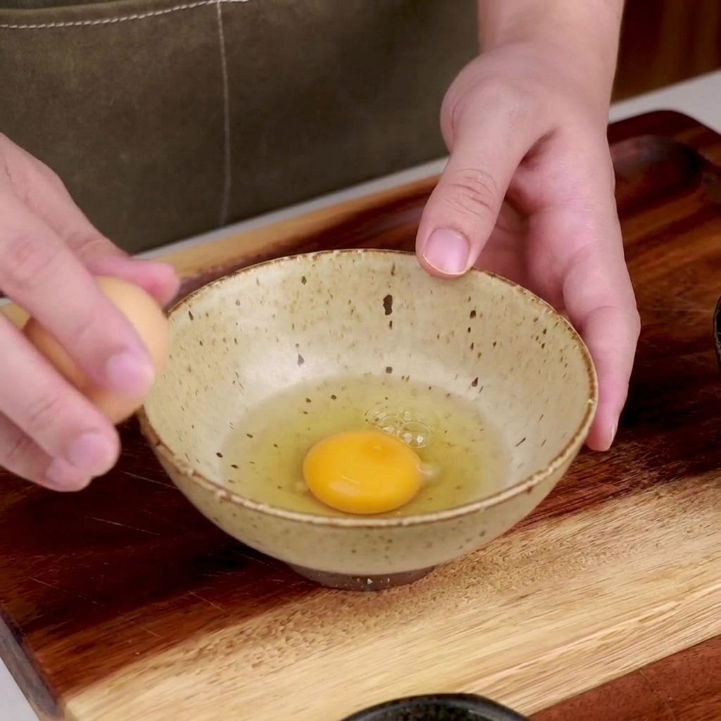 Dos huevos cascados en un bol beige, añadiendo pimienta negra y sal marina con un molinillo.