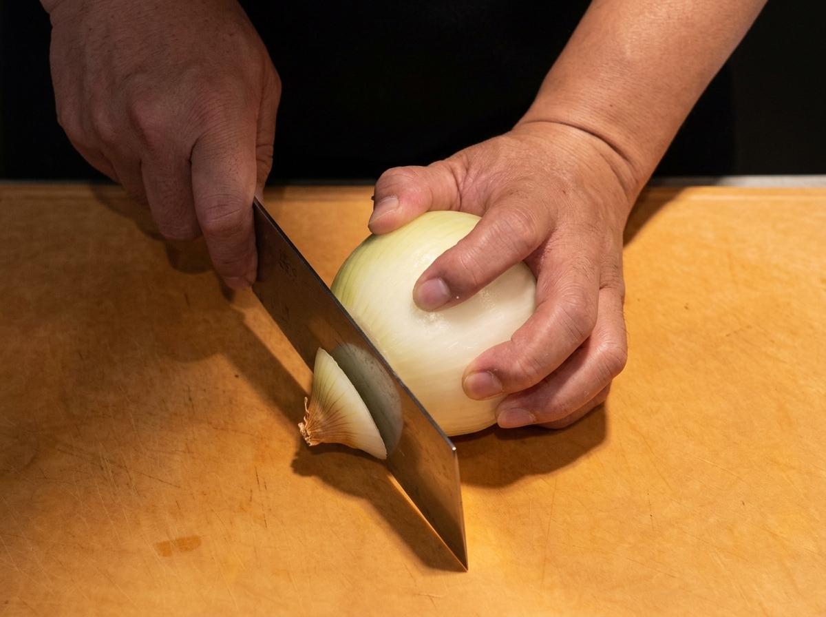 Una cebolla siendo cortada verticalmente sobre una tabla de madera con un cuchillo de chef.
