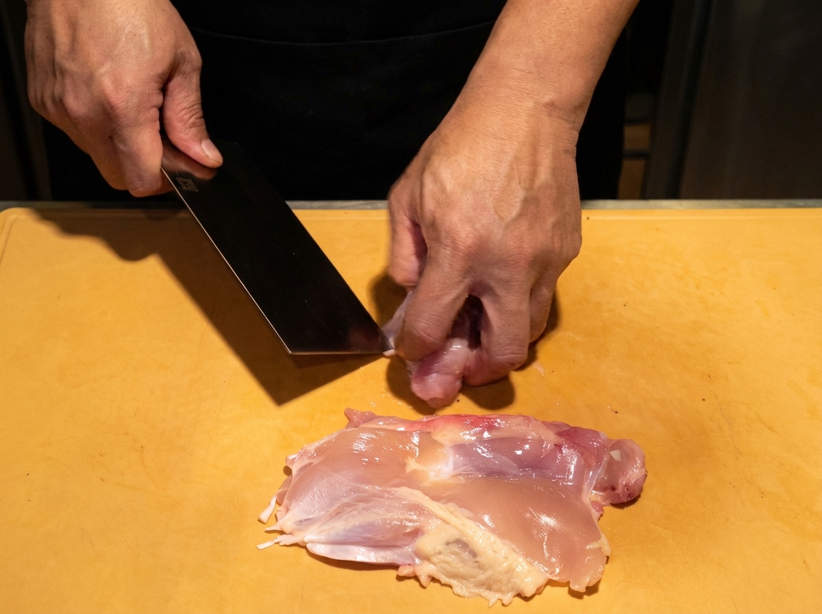 Un contramuslo de pollo crudo siendo cortado en trozos uniformes de tamaño bocado.