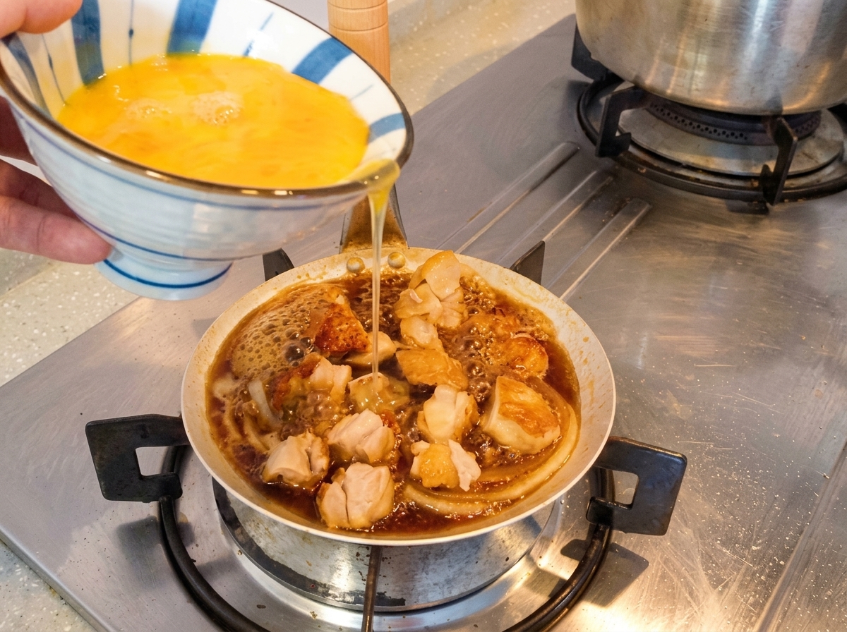 Mezcla de huevo ligeramente batido vertiéndose sobre el pollo y las cebollas en la sartén.
