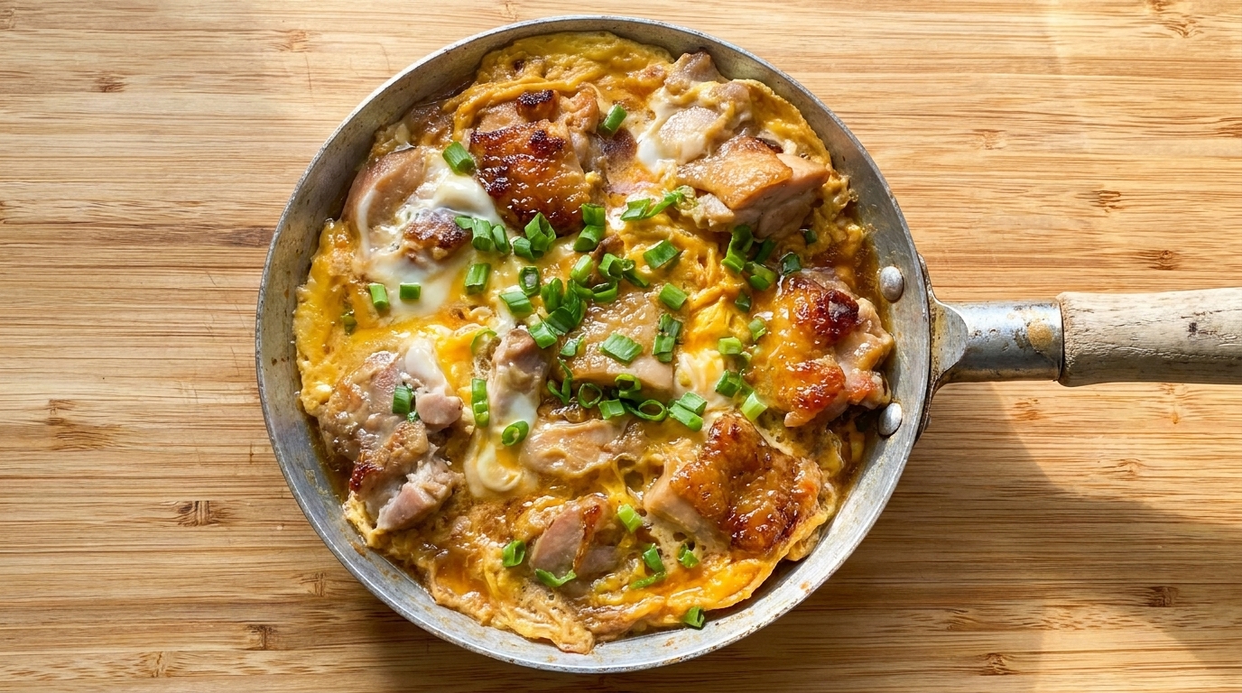 Una rústica sartén con huevos dorados suaves y crujiente pollo, adornada con cebolleta fresca picada.