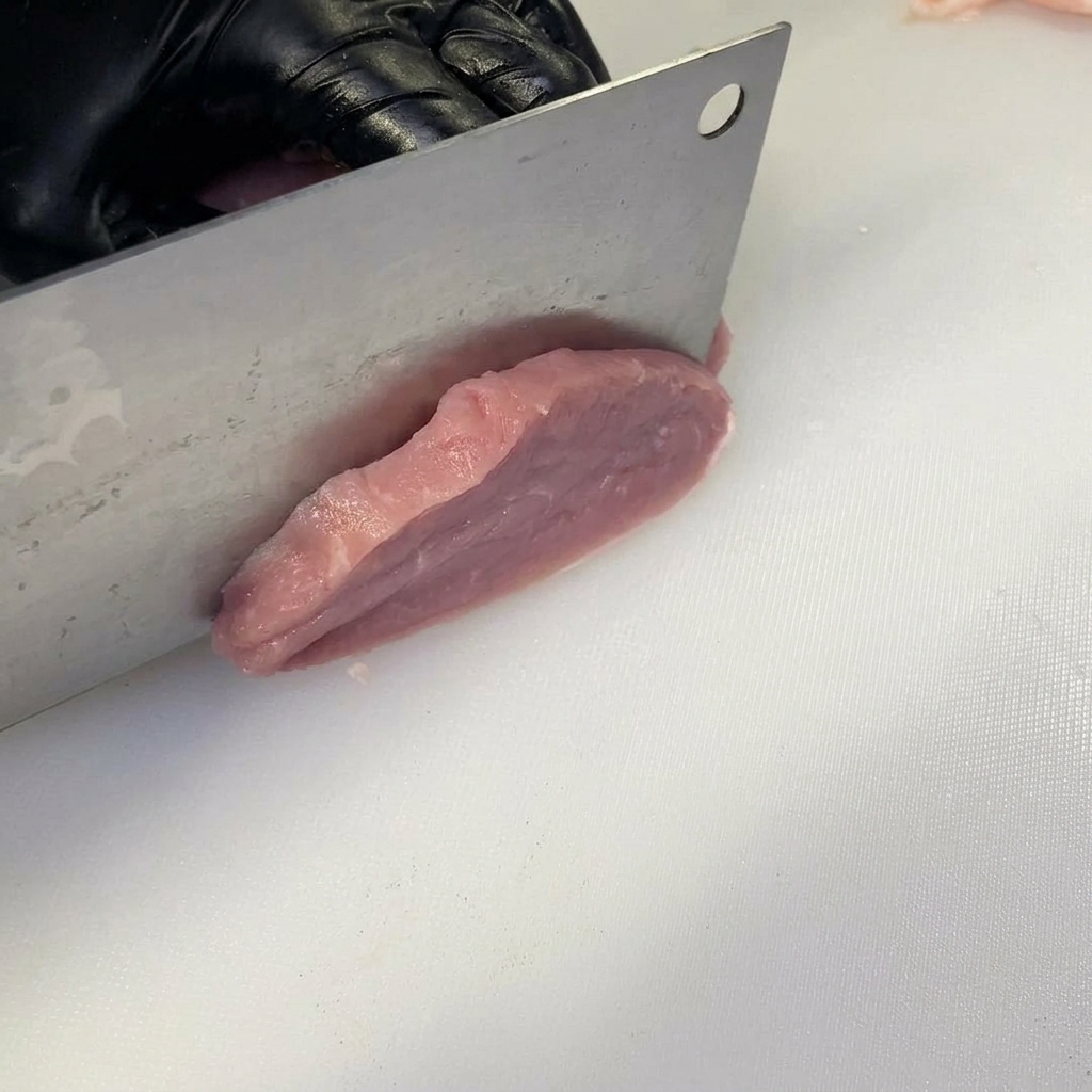 Una mano con guante haciendo cortes parciales en un solomillo de cerdo fresco sobre una tabla de cortar blanca.