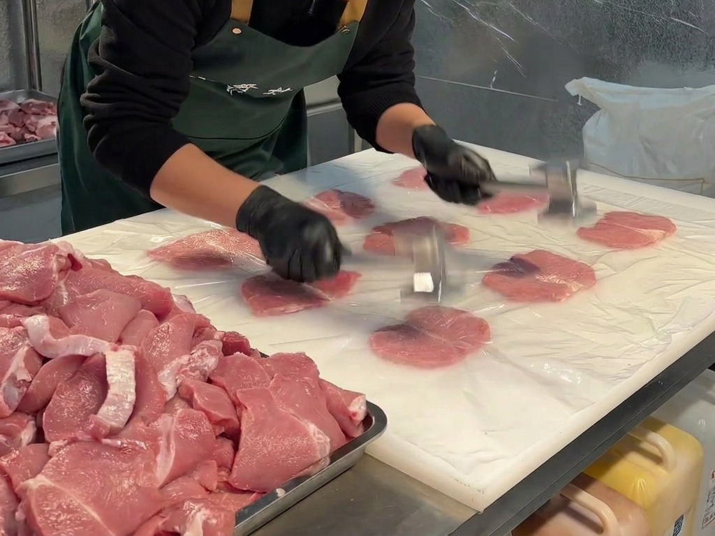 Una persona usando un mazo de carne para aplanar trozos de cerdo cubiertos con papel film sobre una gran mesa de preparación.