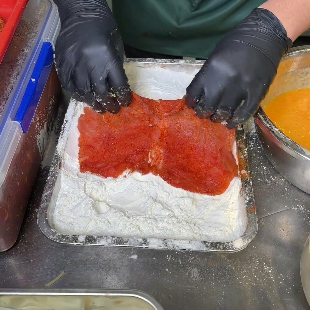 Manos con guantes presionando un gran trozo de cerdo adobado en una bandeja llena de almidón blanco.
