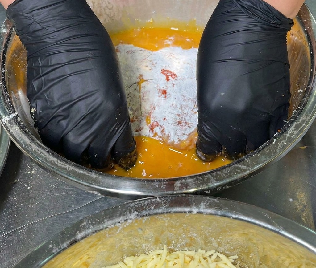Manos con guantes hundiendo la chuleta de cerdo cubierta de almidón en un bol con huevo batido amarillo.