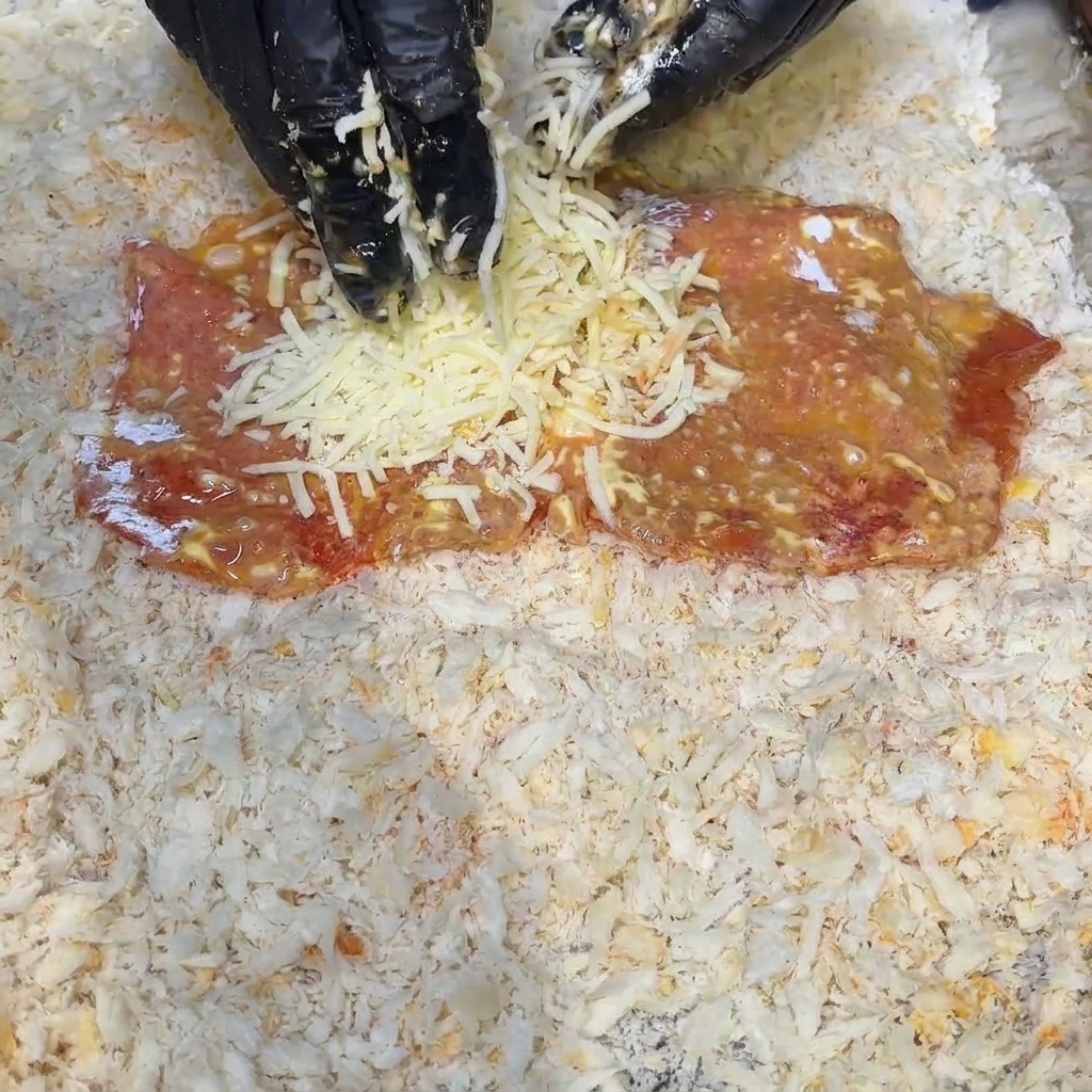 Un trozo plano de cerdo adobado sobre una superficie cubierta de pan rallado, con una mano apilando una generosa cantidad de queso rallado encima.