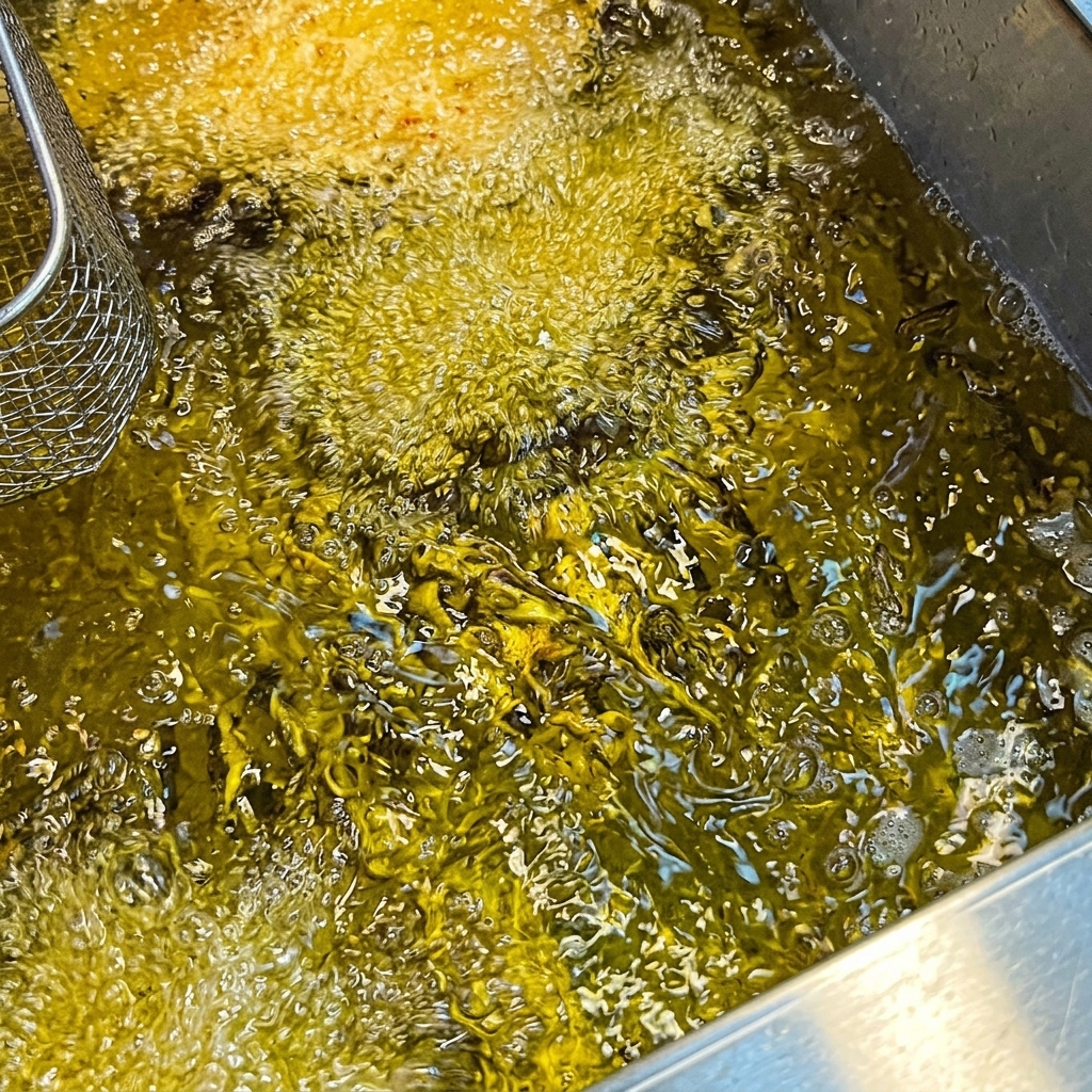 Chuletas de cerdo sumergidas y burbujeando en aceite caliente.