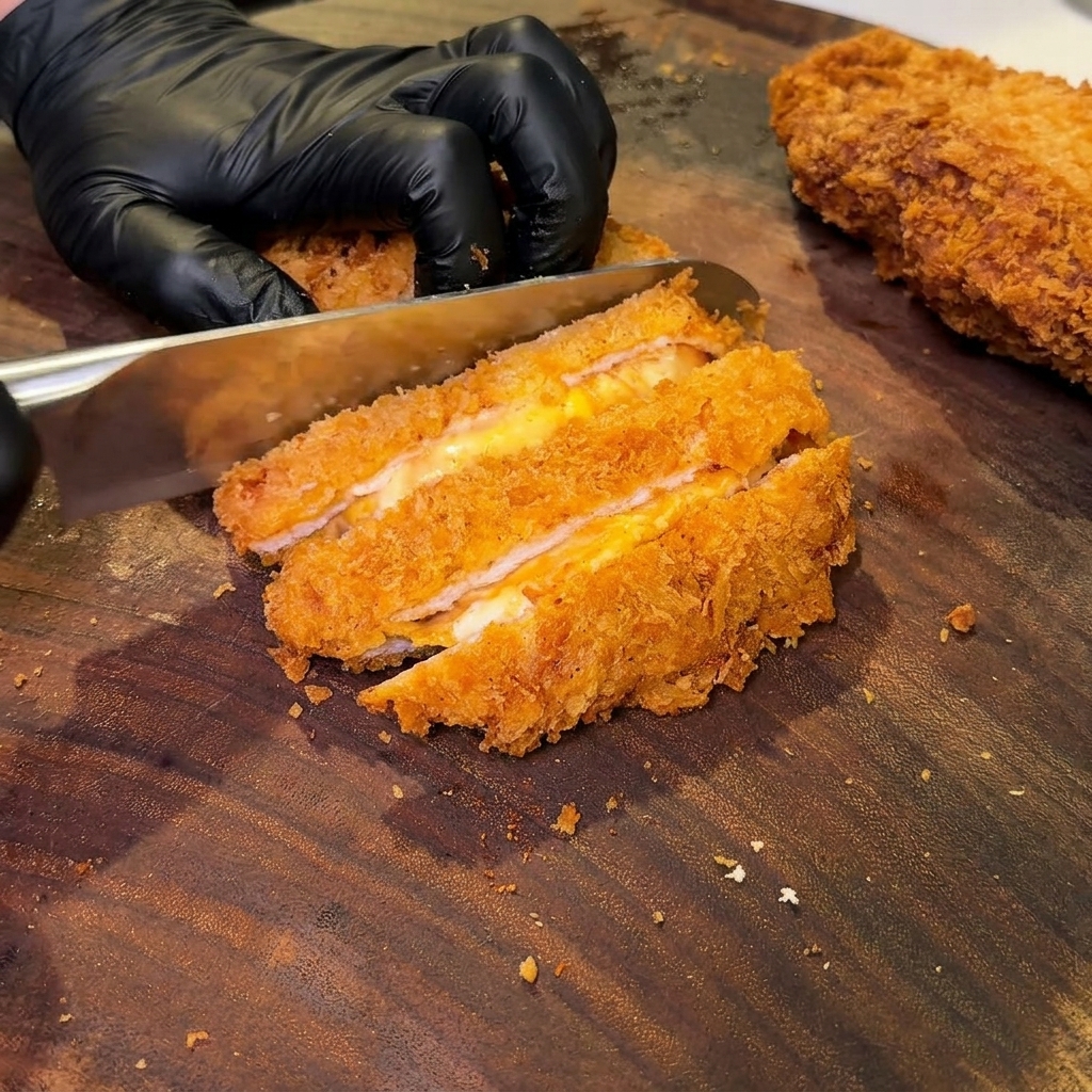 Una chuleta frita cortándose sobre una tabla de madera oscura, con el queso derretido visible en el centro de las tiras.