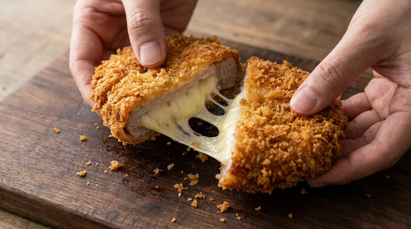 Una chuleta de cerdo dorada, abierta por la mitad para mostrar un espeso y elástico centro de queso derretido.
