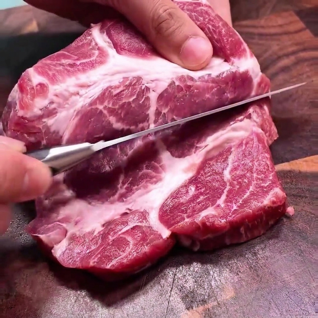 Manos cortando una chuleta de cerdo cruda gruesa horizontalmente con un cuchillo de cocina.