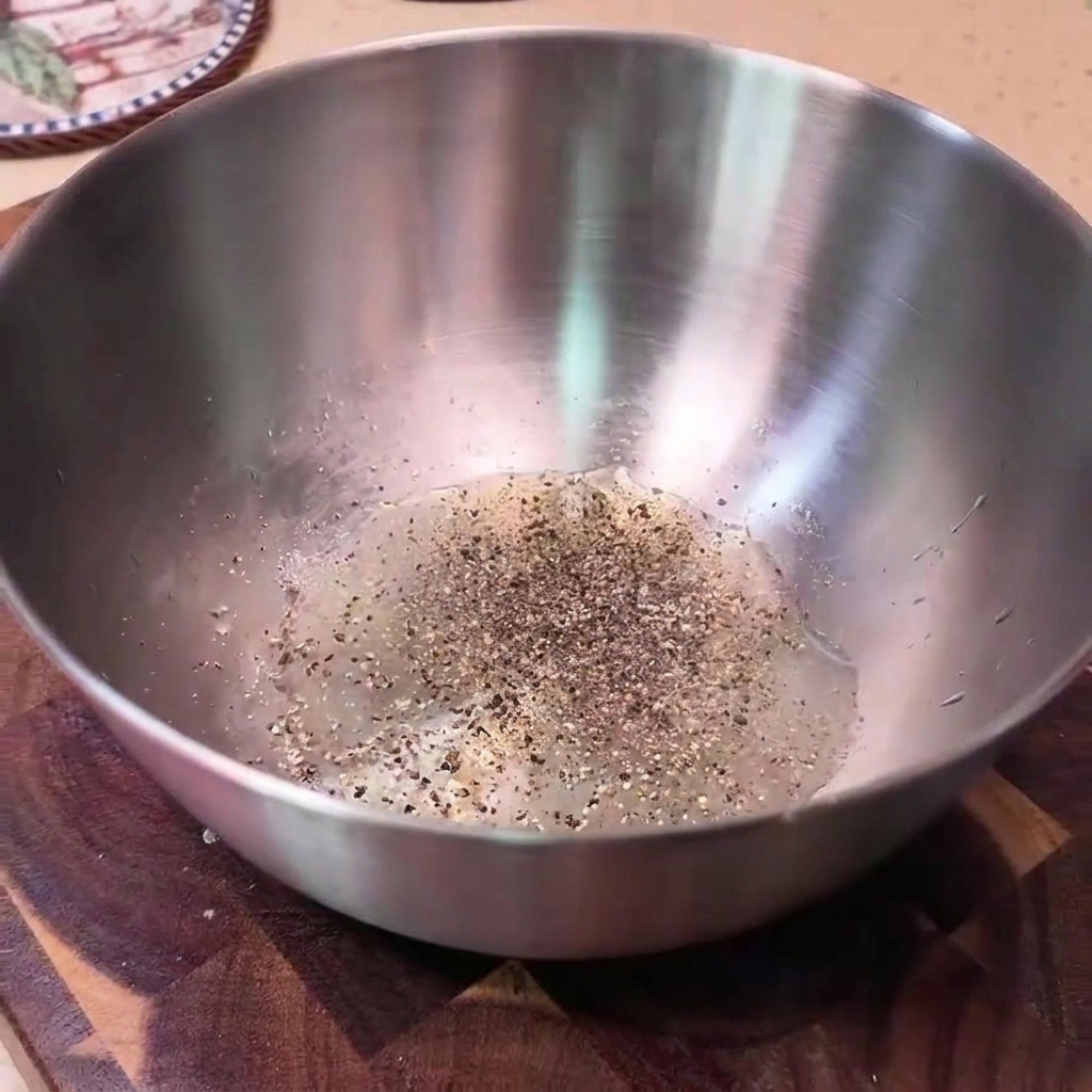 Una chuleta de cerdo cruda en un bol de acero inoxidable con pimienta y los ingredientes del marinado.