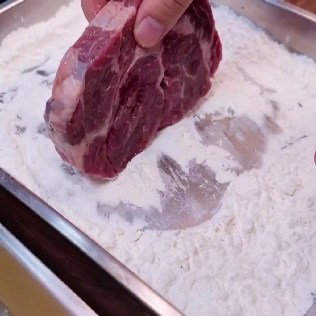 Mano presionando un trozo de carne cruda en una bandeja llena de almidón blanco.