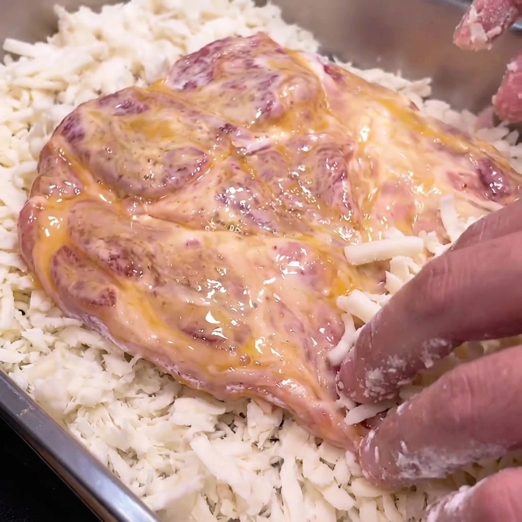 Dedos presionando firmemente un trozo de chuleta con huevo sobre una bandeja de pan rallado grueso.