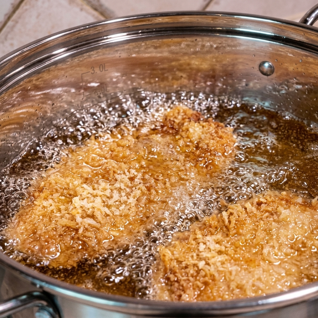 Dos chuletas de cerdo empanizadas friéndose en aceite caliente dentro de una olla de acero inoxidable.