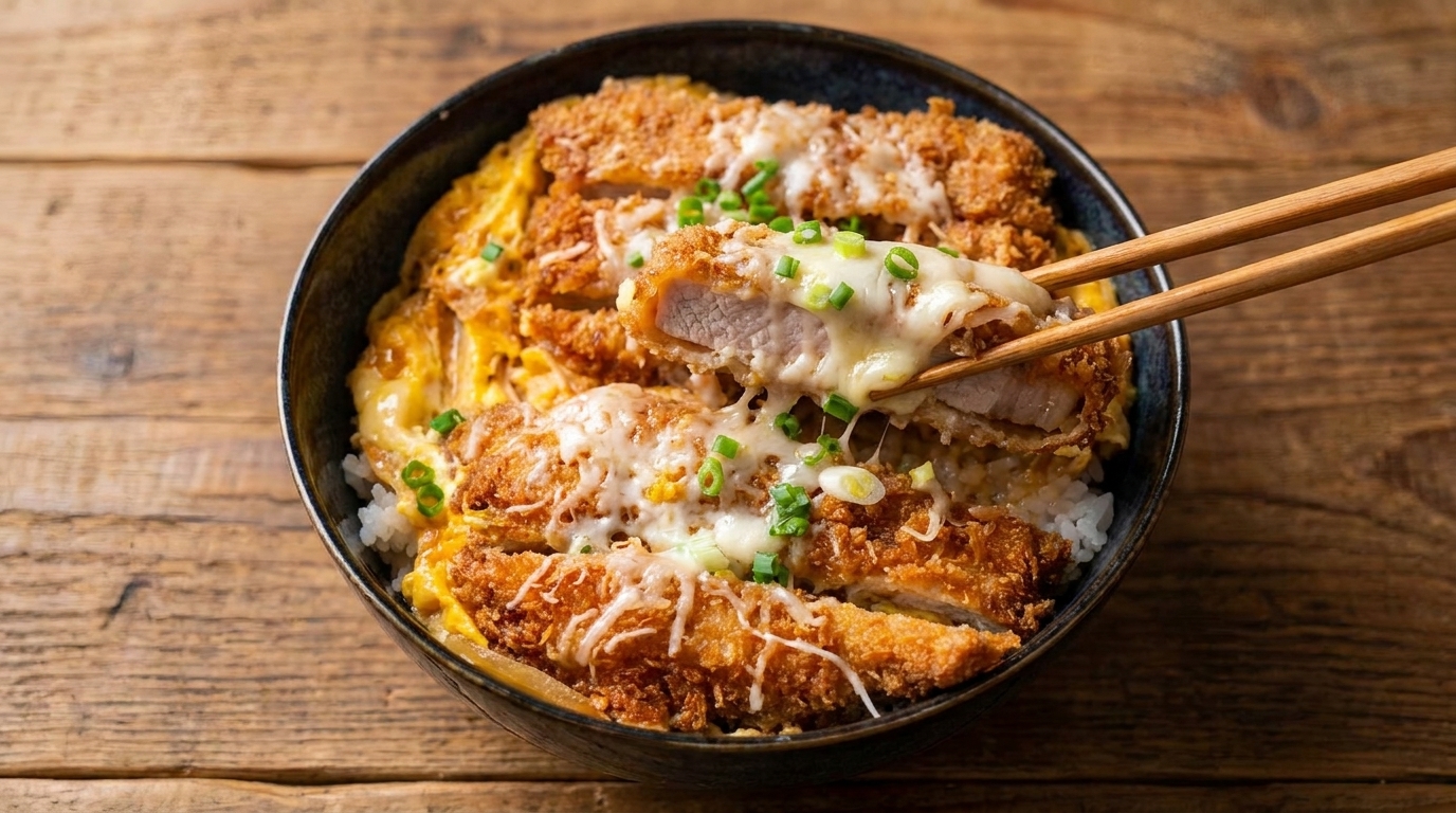 Katsudon de Chuletón de Cerdo con Huevo Revuelto y Queso