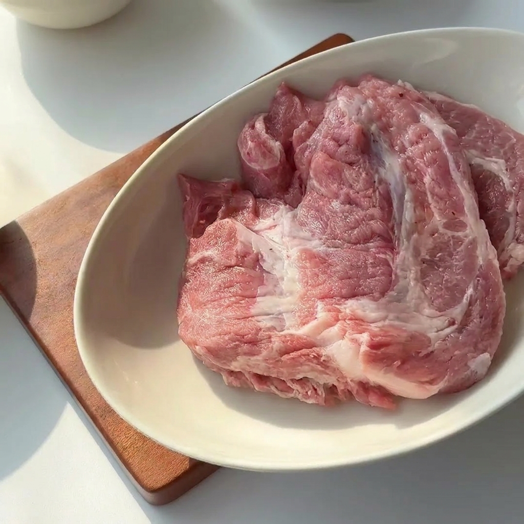 Una chuleta de cerdo cruda en un bol blanco cubierta con condimentos líquidos y maicena.