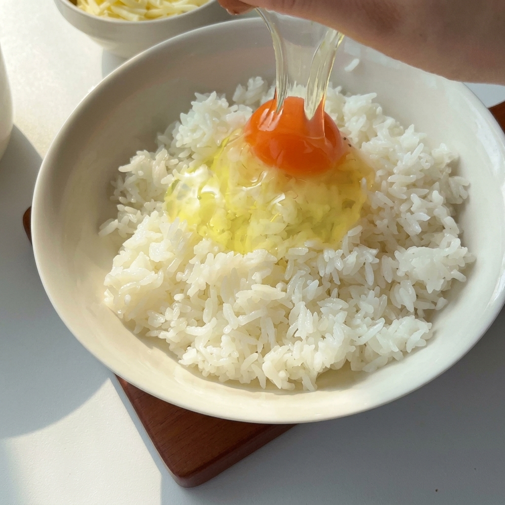 Un huevo crudo vertiéndose sobre un cuenco de arroz blanco cocido.