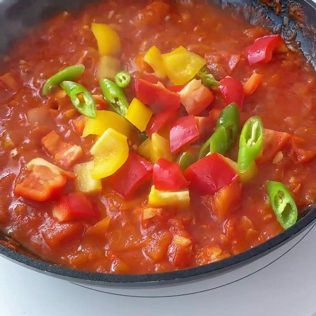 Pimientos en cubitos de colores brillantes añadidos a la salsa de tomate hirviendo en una sartén.