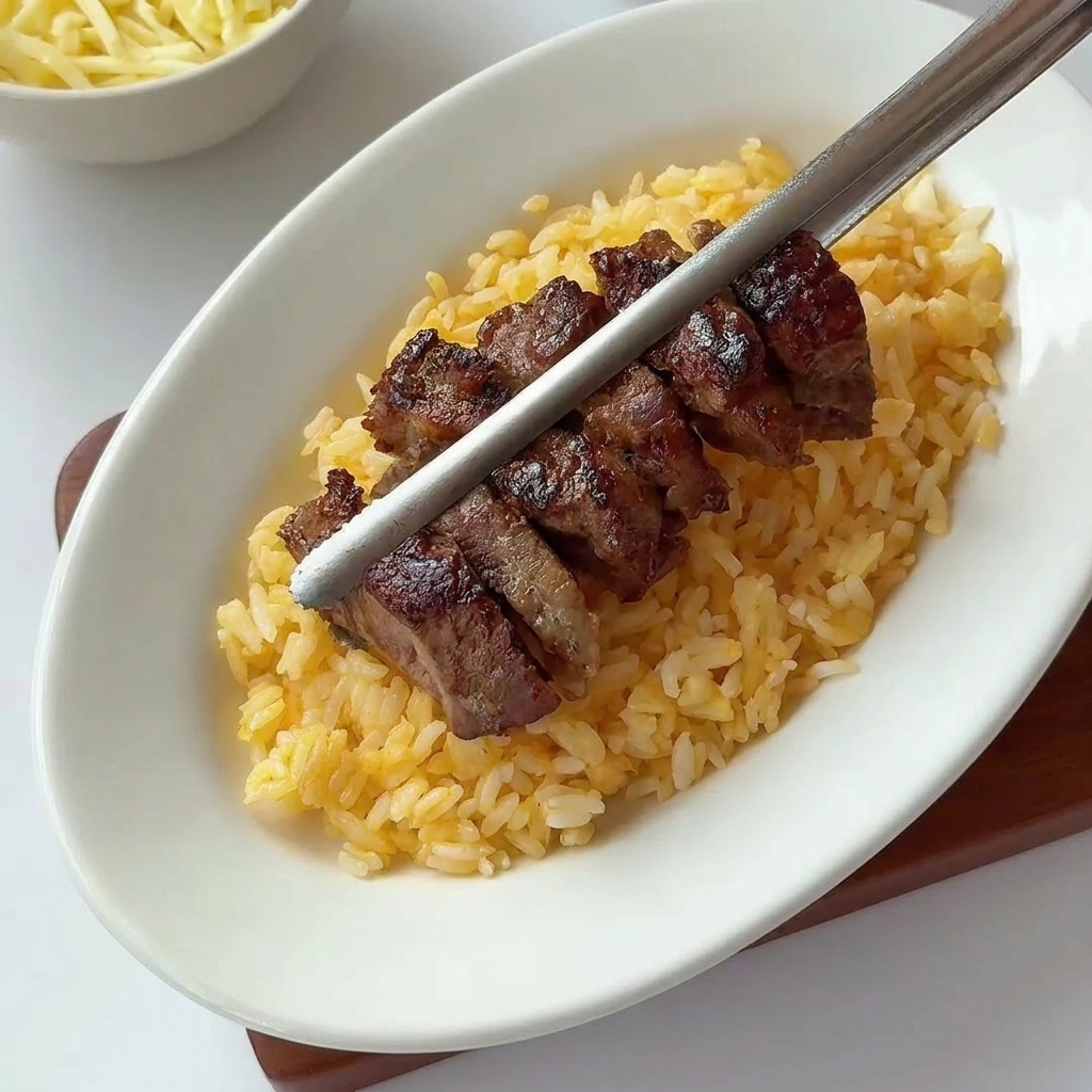 La chuleta de cerdo frita colocándose sobre una cama de arroz, lista para ser cubierta con salsa.