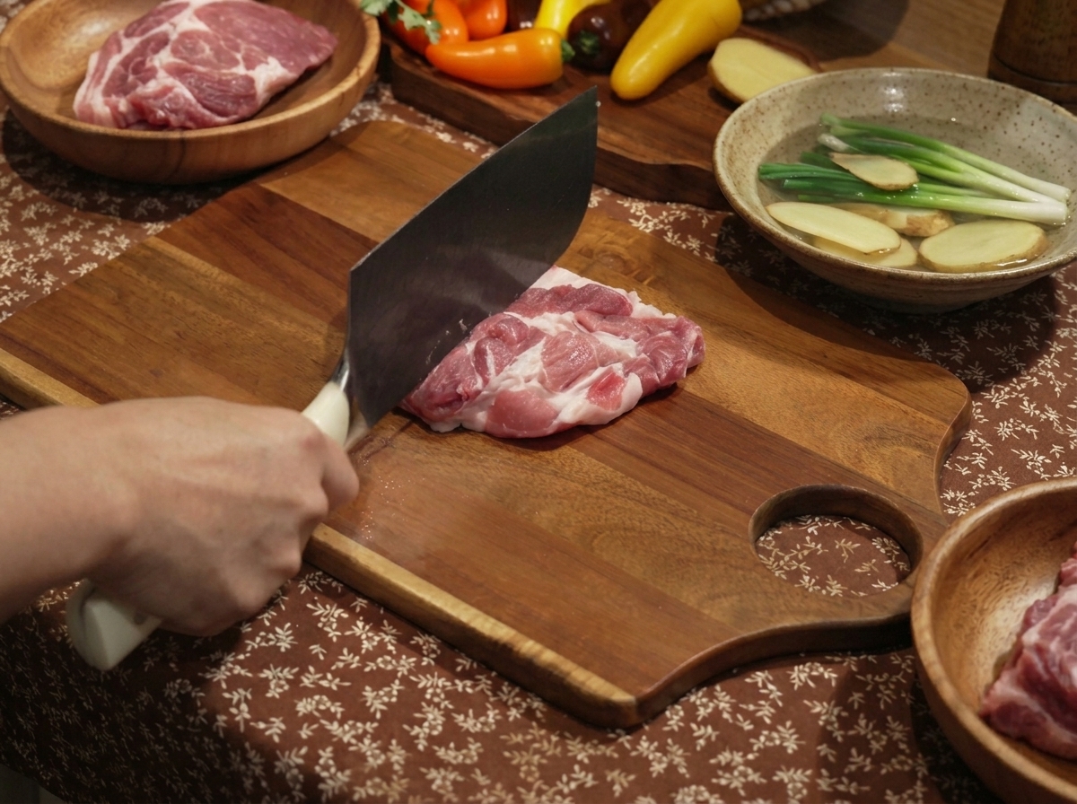 Un filete de cerdo sazonado con salsa de soja, salsa de ostras, azúcar, sal y pimienta sobre una tabla de madera.