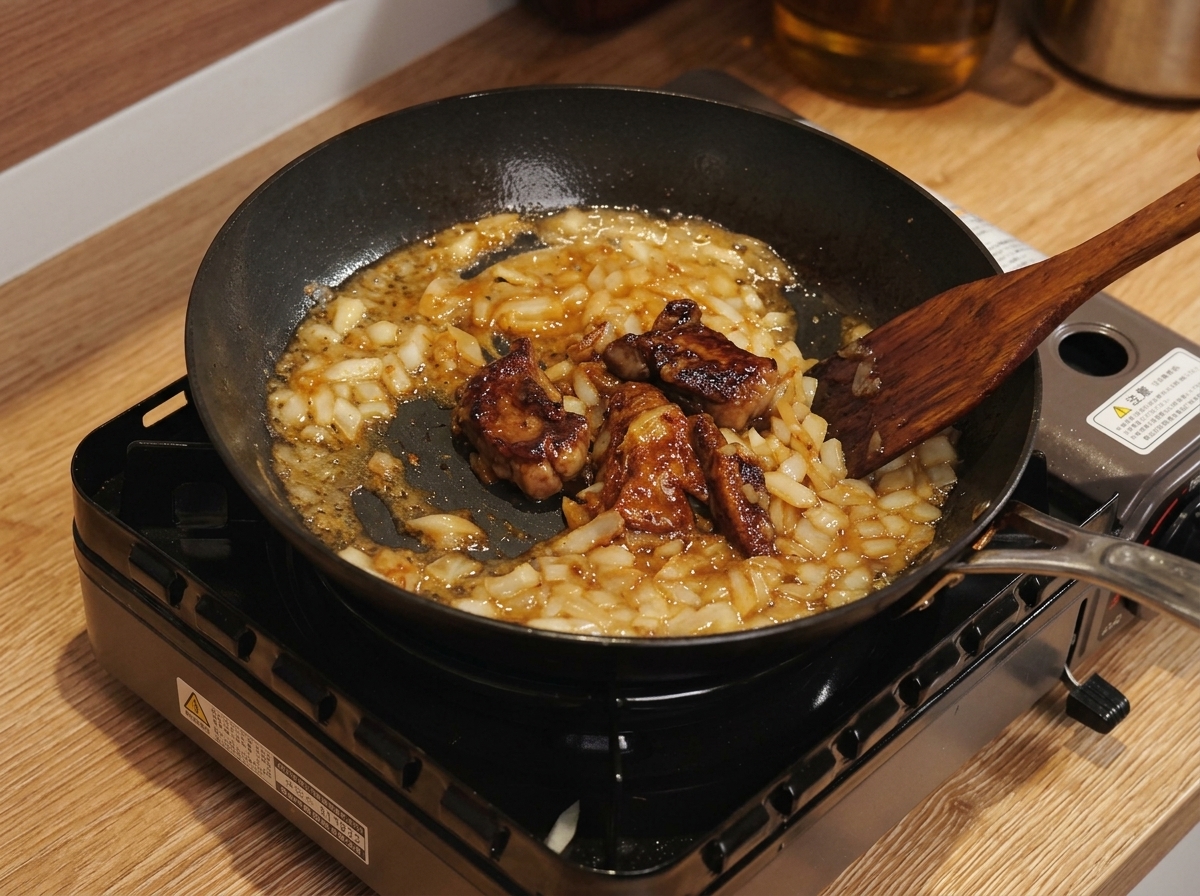 Primer plano de una cuchara de madera removiendo una salsa de curry espesa en una sartén, con chocolate derretido y leche.
