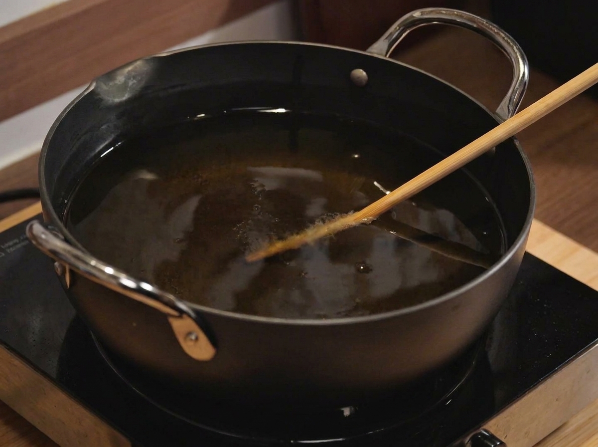 Un filete de cerdo empanado friéndose en aceite caliente dentro de una olla, adquiriendo un color dorado.