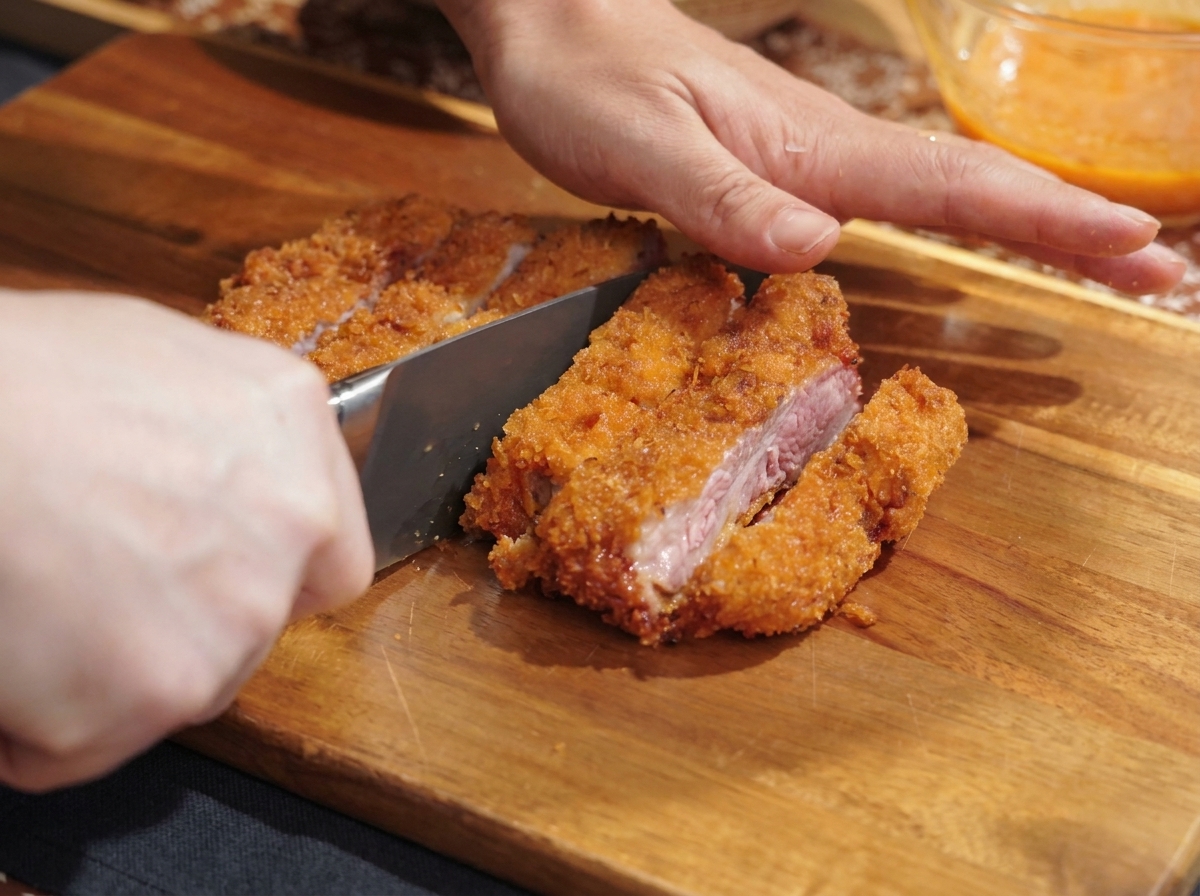 Un filete de cerdo frito cortándose en tiras limpias sobre una tabla de madera con un cuchillo afilado.