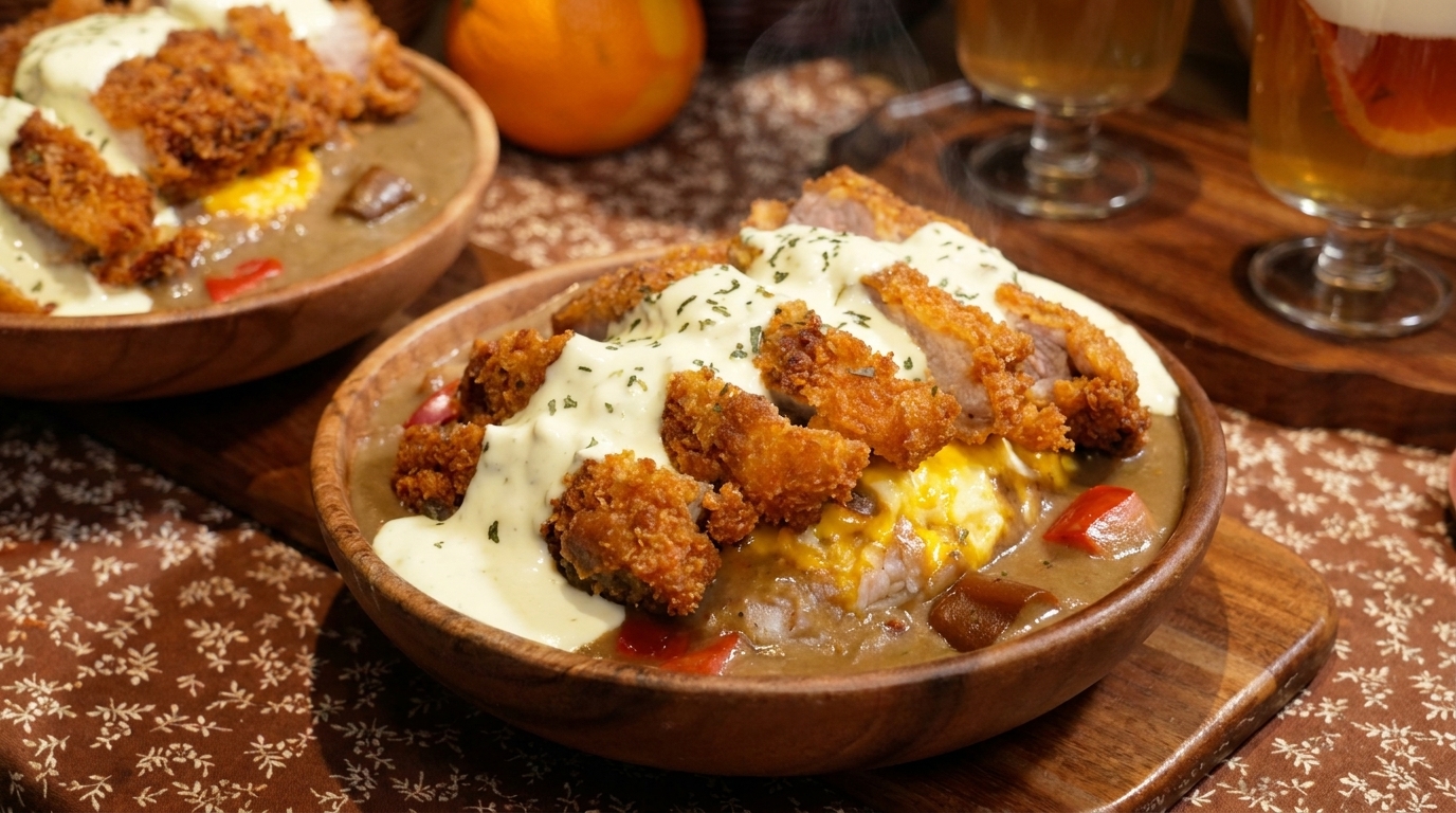 Arroz al Curry Japonés con Cerdo Crujiente y Huevo Revuelto
