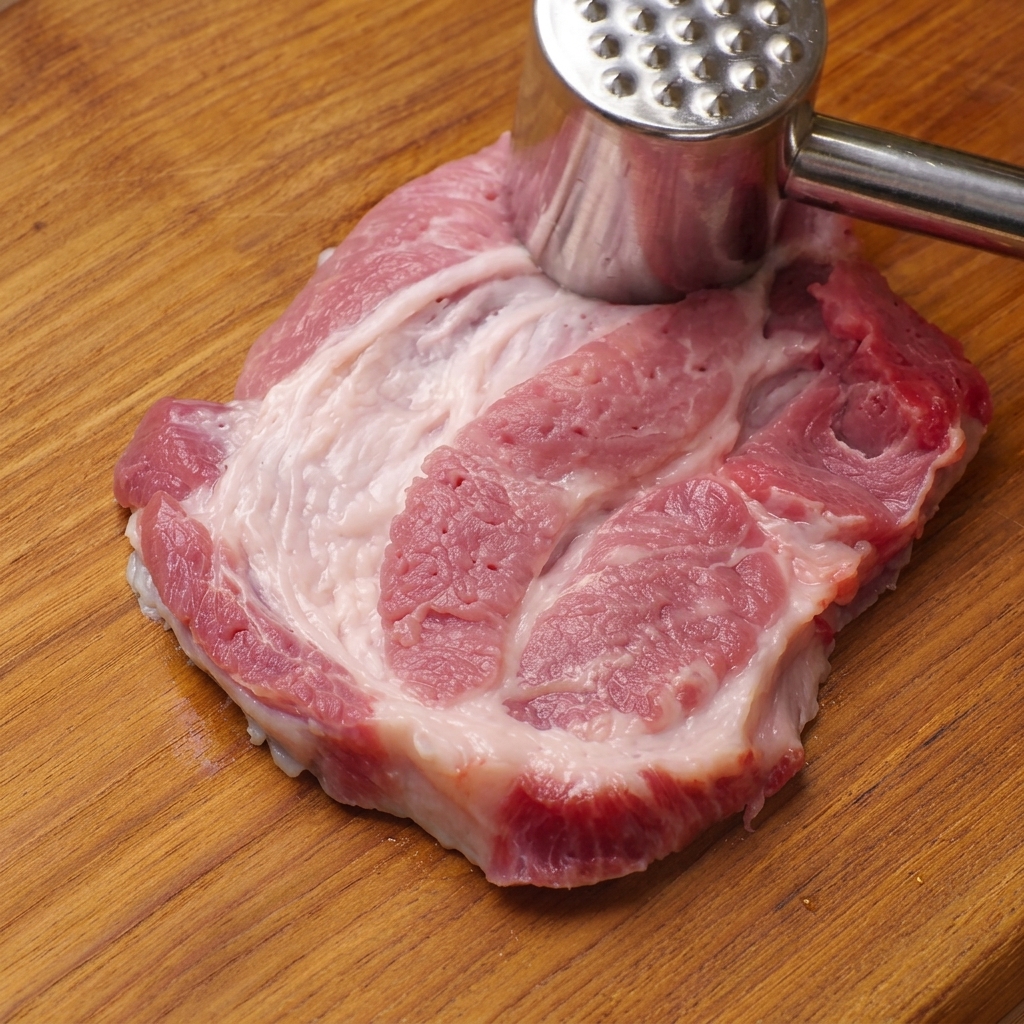 Un mazo para carne plateado y texturizado golpeando un trozo crudo de paleta de cerdo sobre una tabla de cortar de madera.