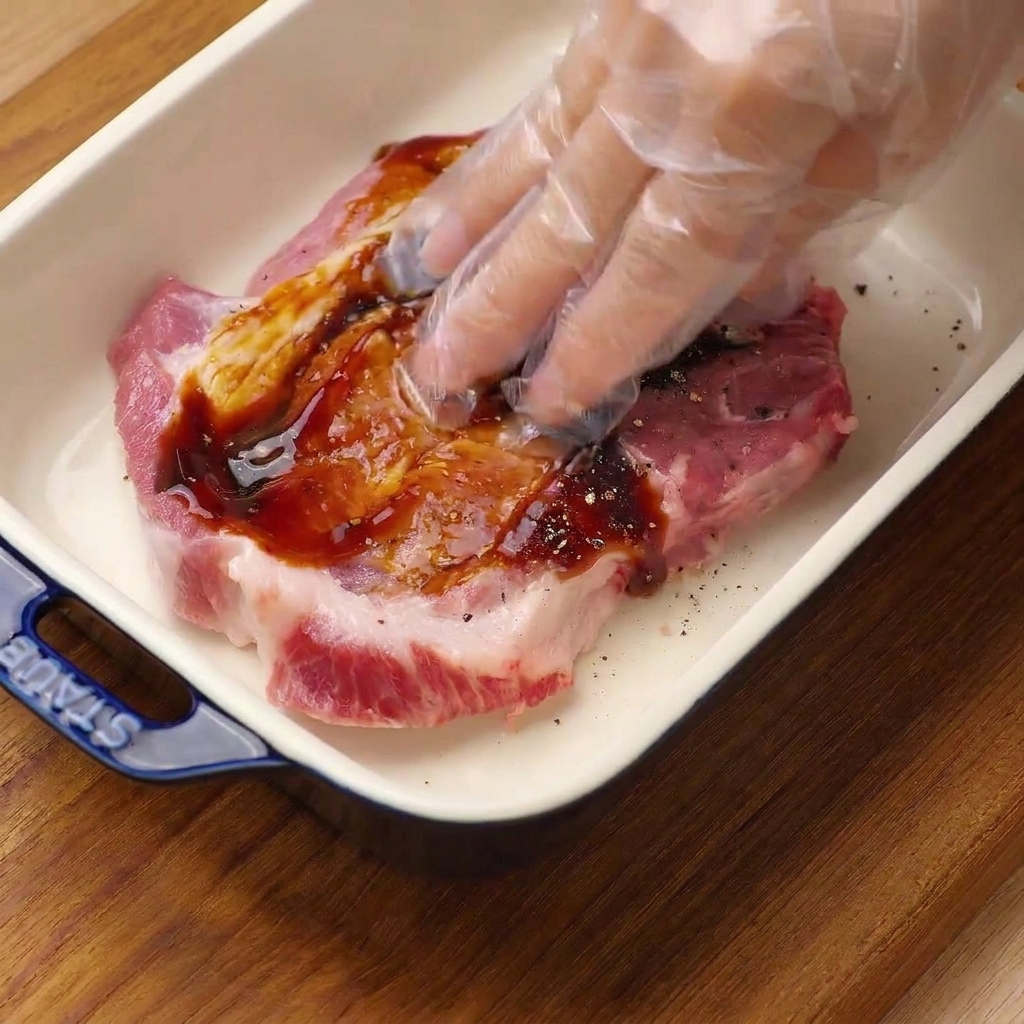Una mano con guante frotando salsa de ostras oscura, sal y pimienta negra en una chuleta de cerdo cruda dentro de un plato de cerámica blanca.