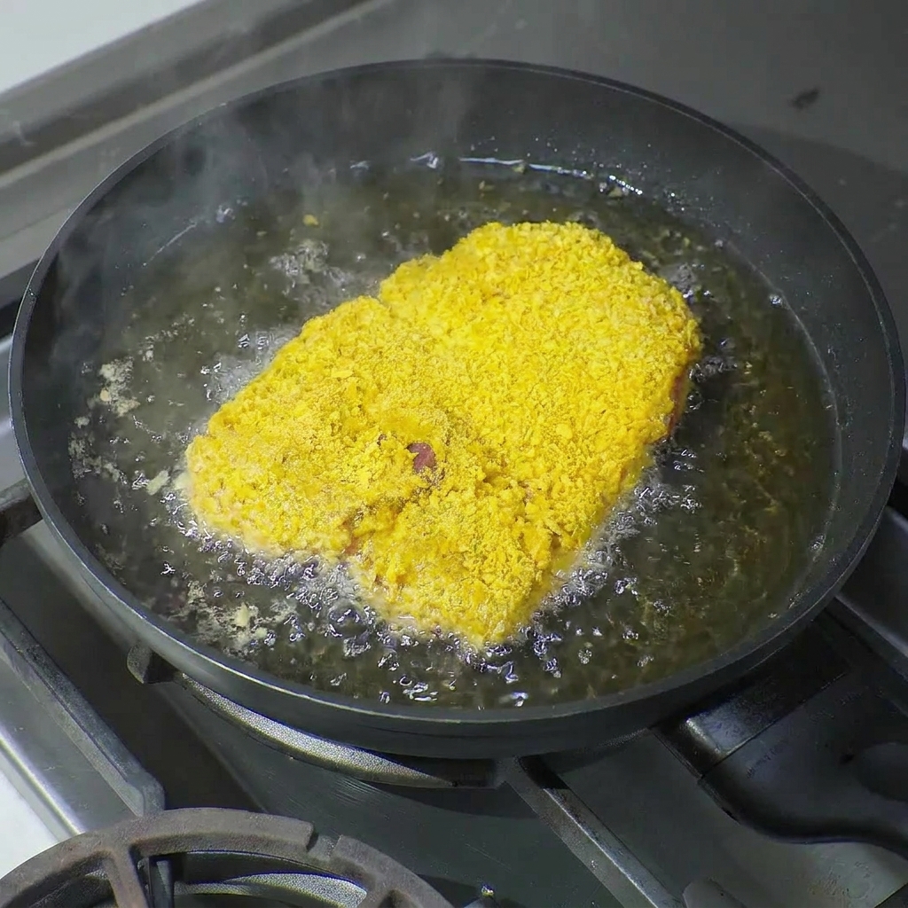 Una chuleta de cerdo empanizada grande y gruesa friéndose en aceite caliente burbujeante dentro de una sartén antiadherente negra.
