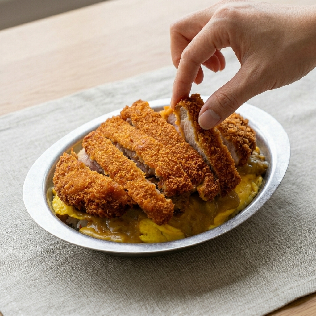 Chuleta de cerdo crujiente cortada en rodajas y dorada, colocada sobre un tazón de arroz cubierto de curry y huevo.