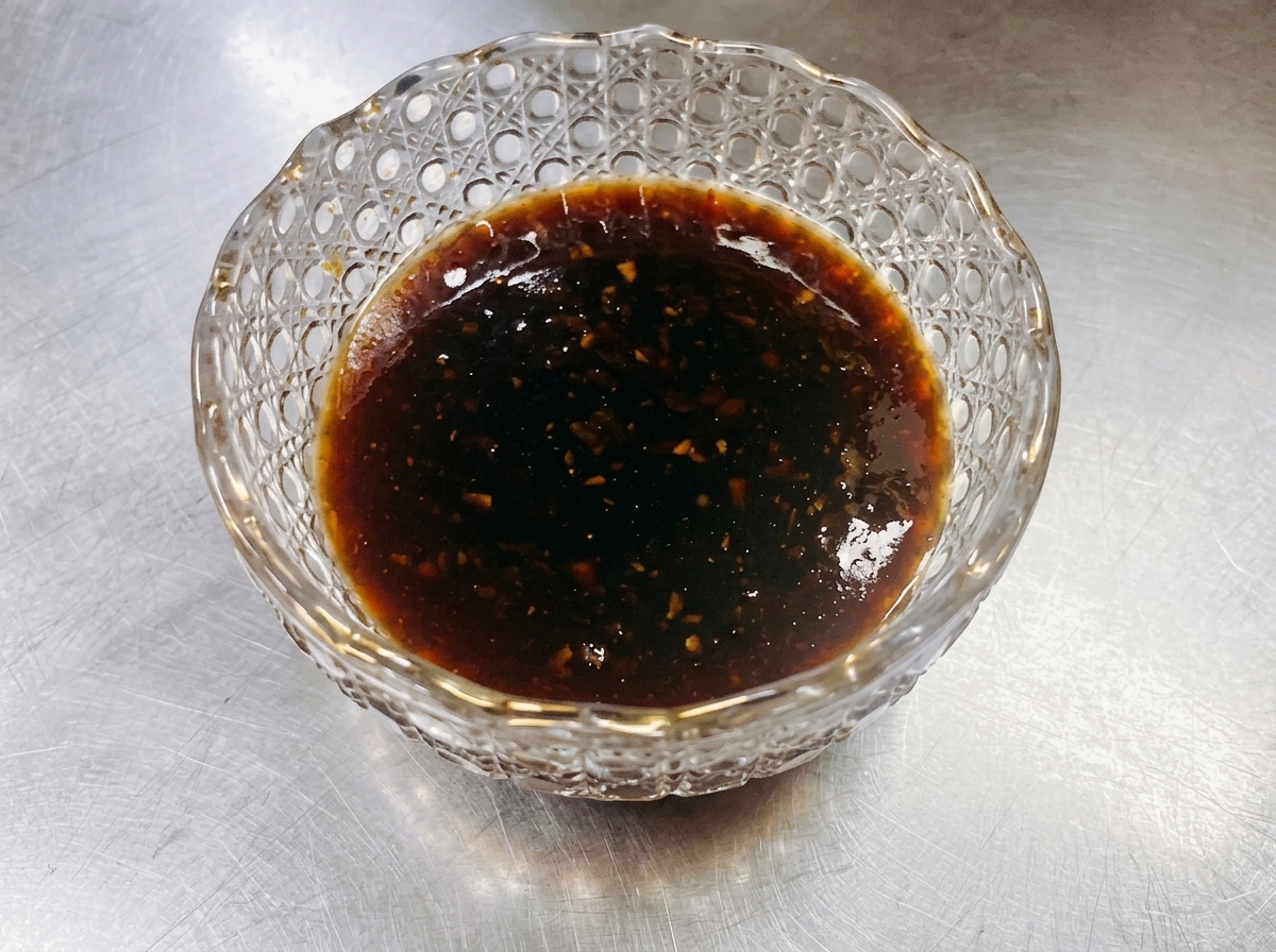 Lonchas de ternera a fuego lento en una sartén mientras se vierte una salsa teriyaki oscura y brillante sobre ellas, creando un rico glaseado.