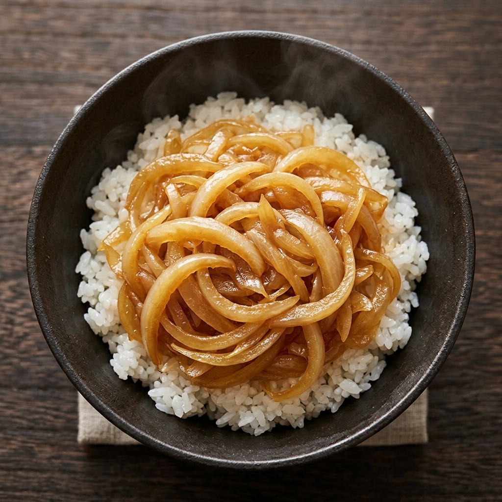 Un tazón de arroz blanco al vapor cubierto con una capa gruesa de cebollas suaves y caramelizadas.