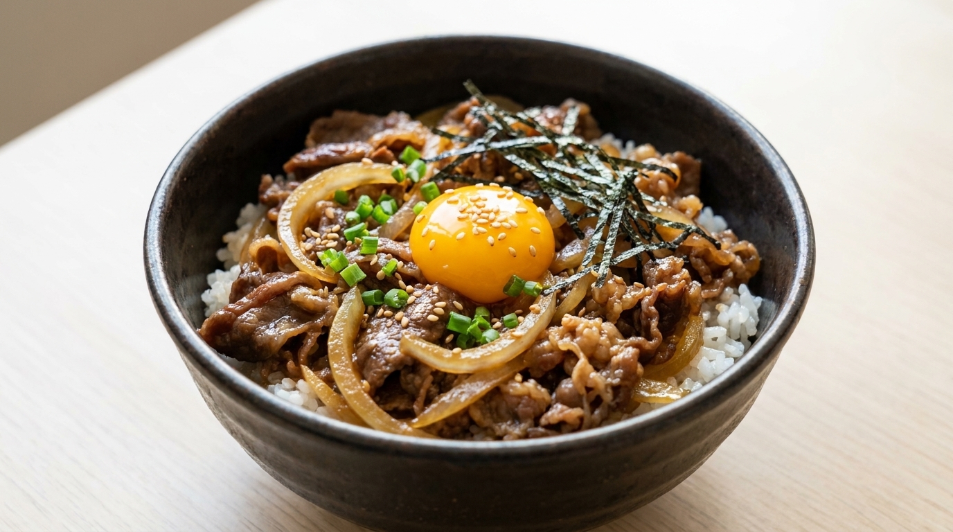 Un reconfortante tazón de Gyudon japonés coronado con una yema de huevo fresco, cebolleta y tiras de alga nori.