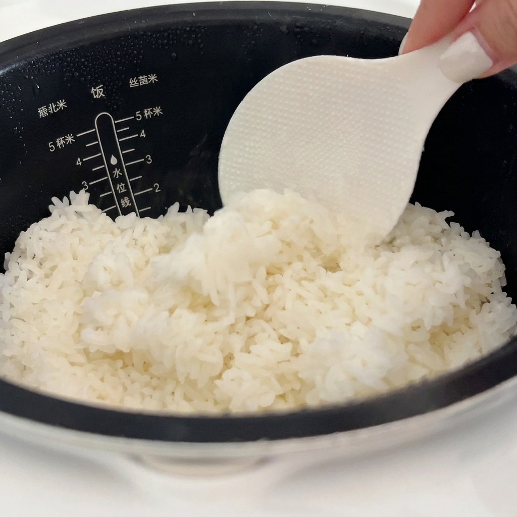 Una paleta de arroz de plástico blanco recogiendo arroz blanco caliente y esponjoso de una arrocera oscura.