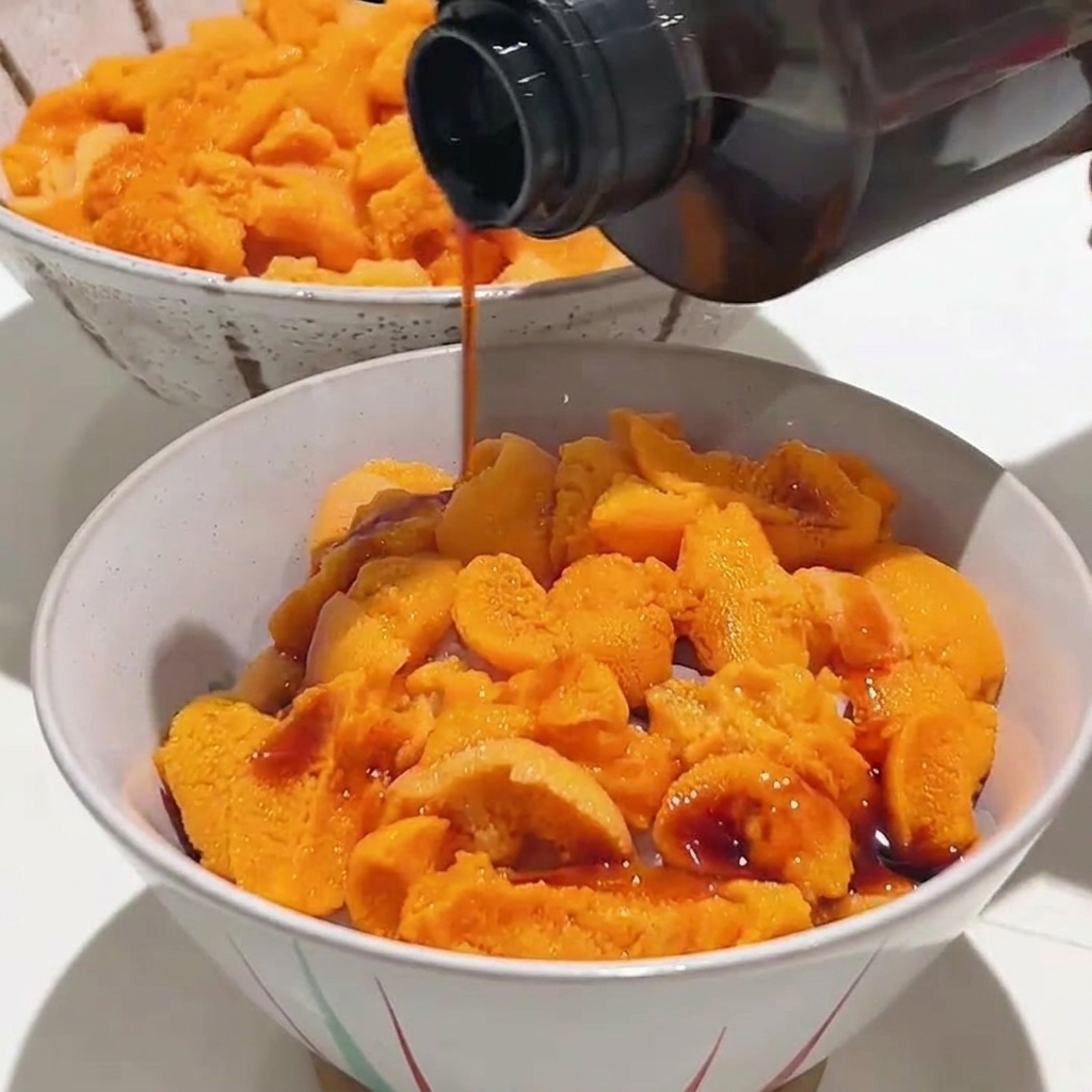 Salsa de soja siendo vertida desde una botella sobre un cuenco lleno de erizo de mar naranja fresco y brillante.