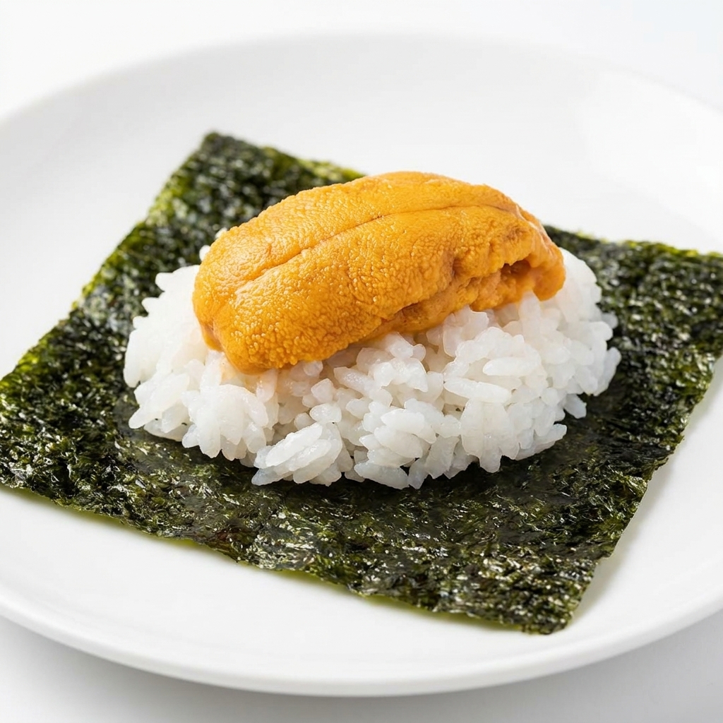 Un trozo de erizo de mar crudo descansando sobre un pequeño montón de arroz blanco, que está sobre un cuadrado de alga tostada verde oscuro y crujiente.
