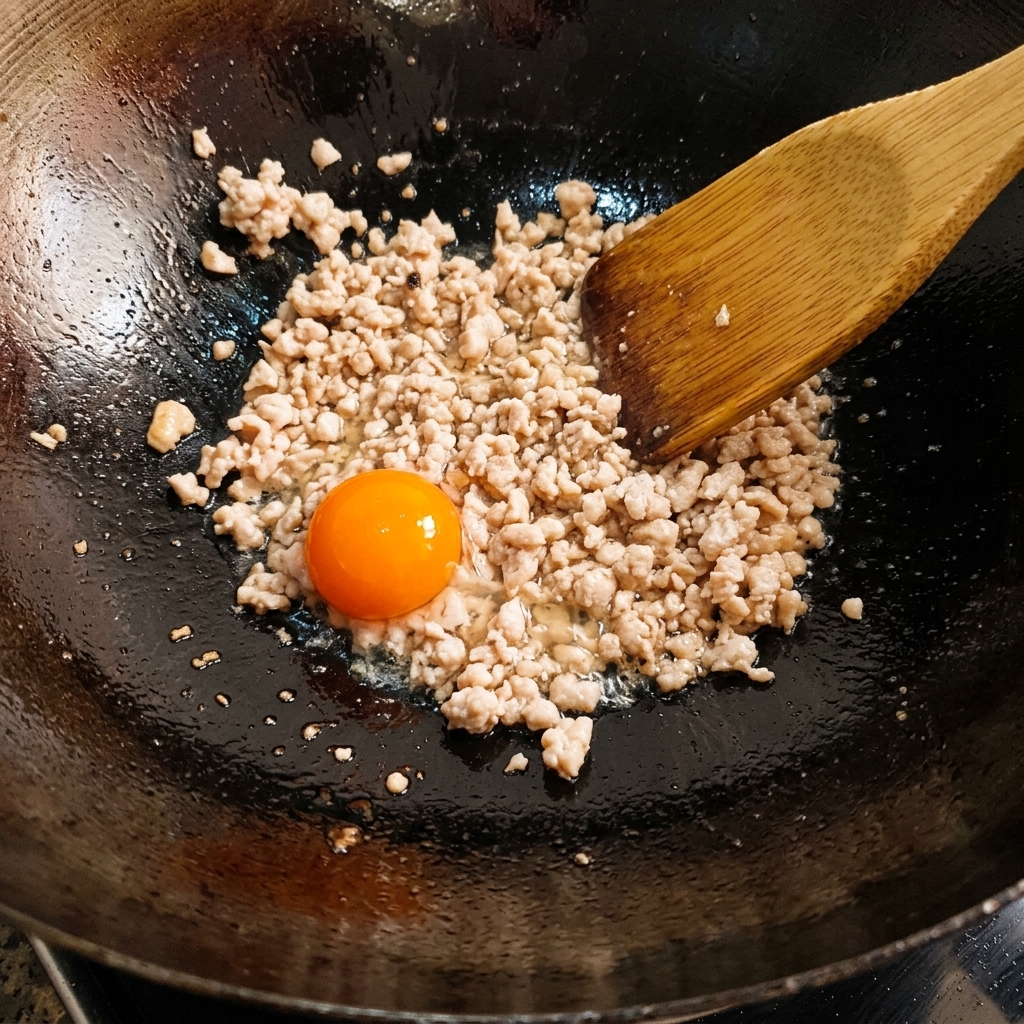 Yema de huevo salada desmenuzándose y salteándose con la carne picada en un wok.