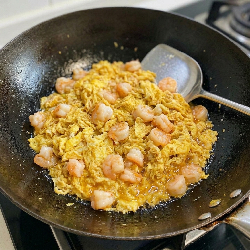 Trozos de camarones frescos agregándose a la mezcla de carne dorada y yema de huevo salada en el wok.