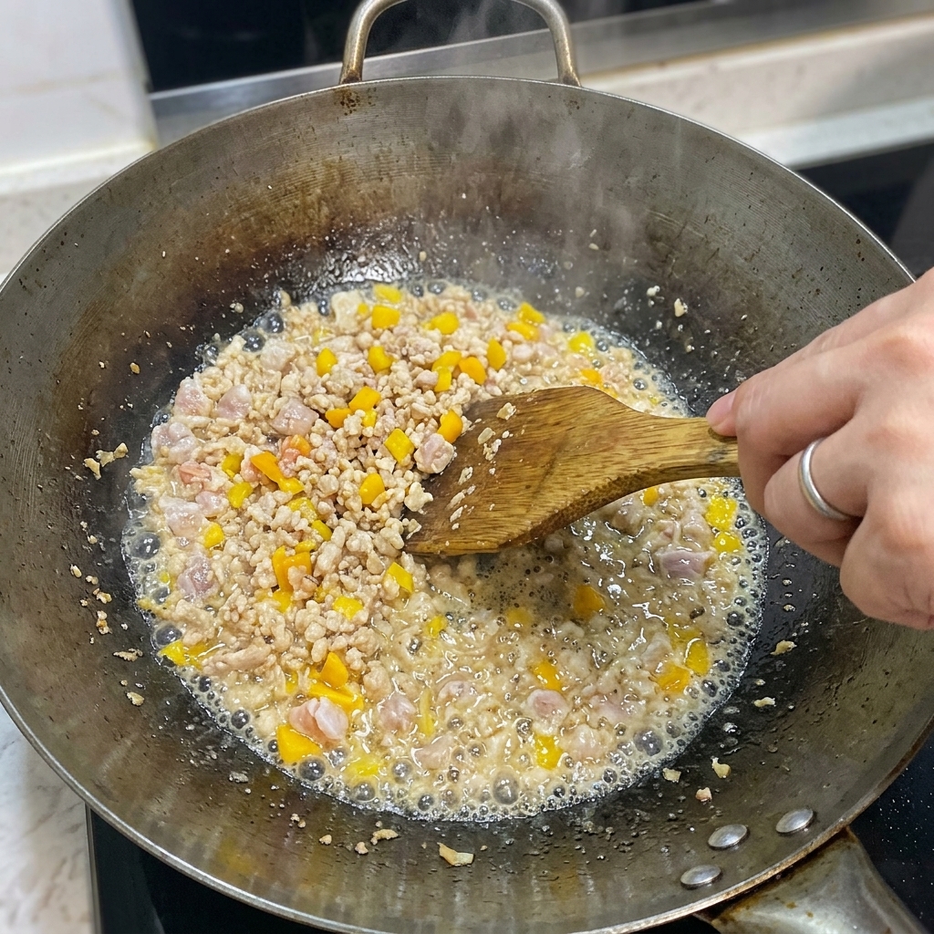 Jengibre picado, ajo y la parte blanca de las cebolletas salteándose con la mezcla de carne y camarones.