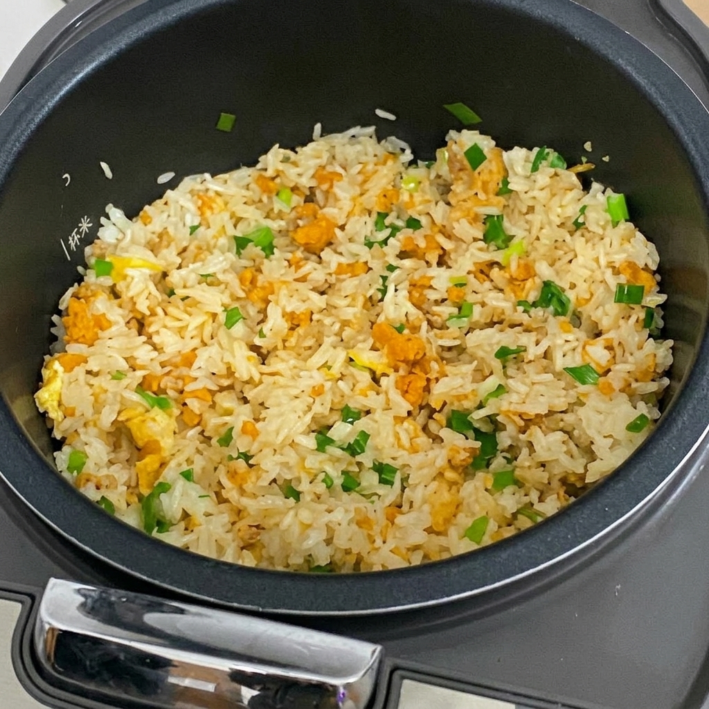 Arroz frito con erizo de mar completamente mezclado reposando dentro de una olla arrocera antiadherente negra, mostrando una mezcla vibrante de arroz amarillo, cebolletas verdes y sabrosos ingredientes.